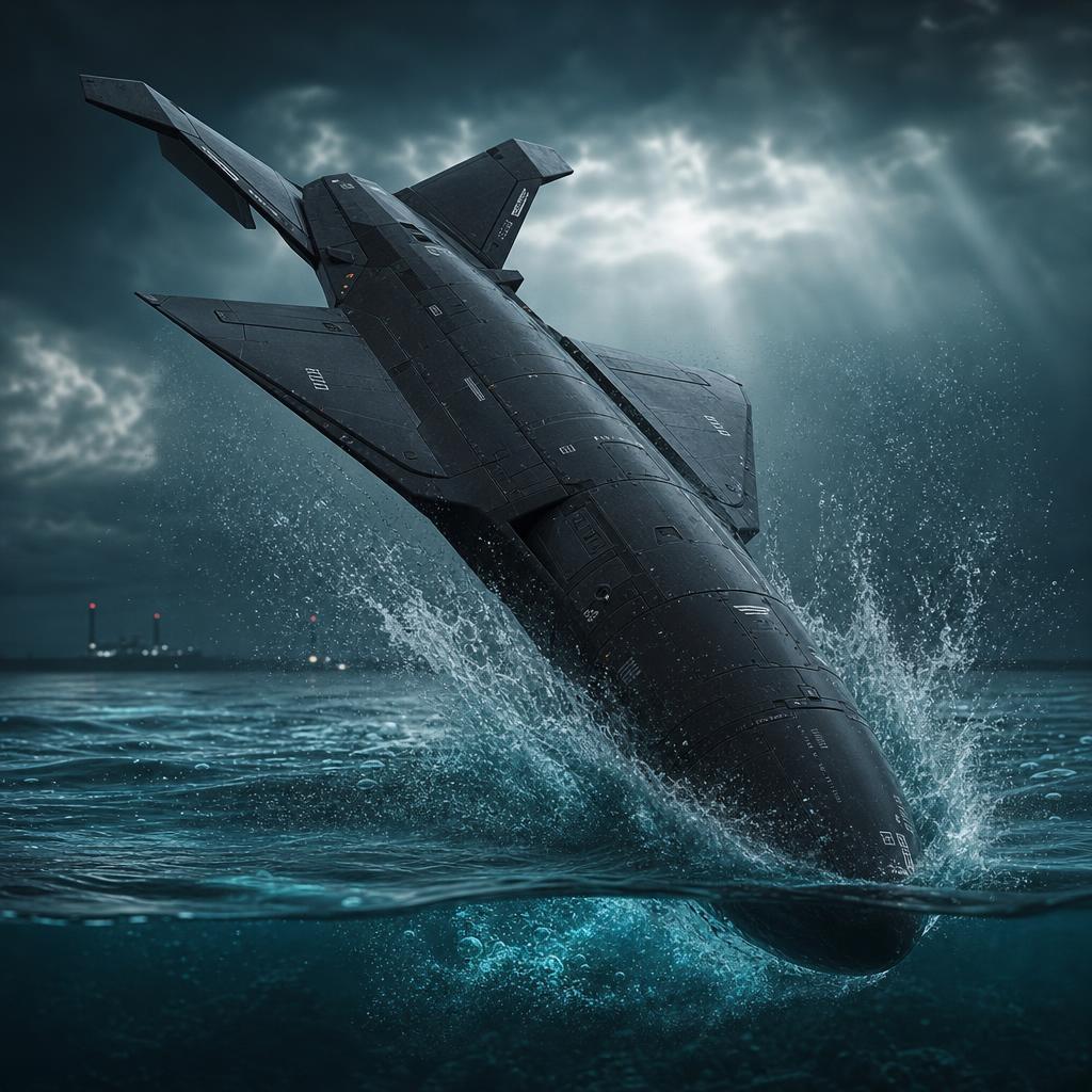 SPECTER trans-medium weapon system — an autonomous drone transforming into a torpedo as it pierces the ocean surface